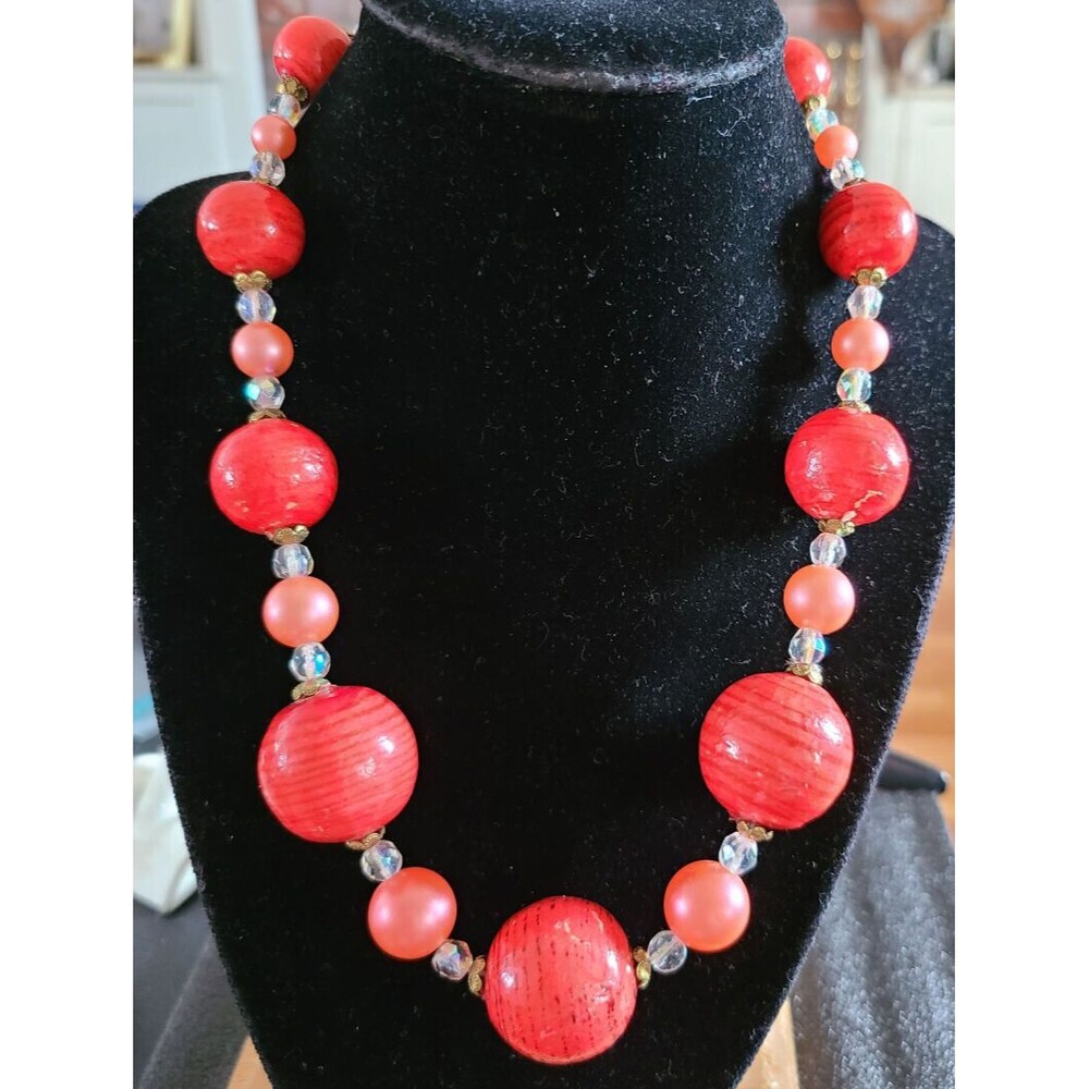 Vintage Western Germany Single Strand  Necklace Peach Color Beads & Crystals